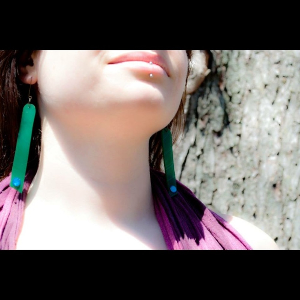 Vinyl record earrings, green with turquoise gems